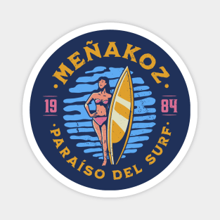 Vintage Meñakoz, Spain Surfer's Paradise // Retro Surfing 1980s Badge Magnet